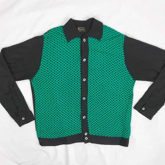 Vintage 60s 70s Shirt Sweater Diplomat Acetate Knit Green Black Mod - Picture 6 of 7